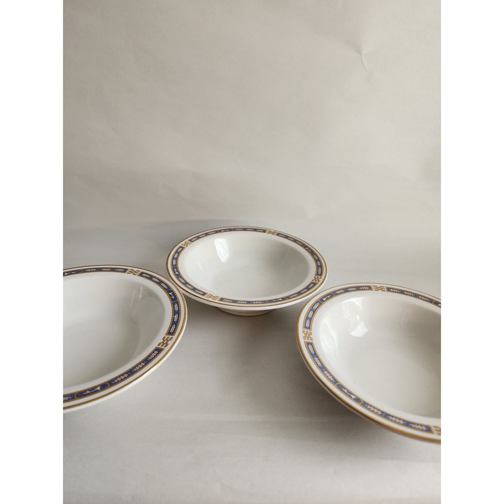 Syracuse China Mistic Blue Gold Greek Key Soup Cereal Bowls Set of 3 Vintage